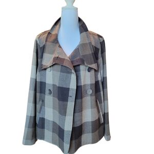 Liz Claiborne Grey Plaid Double Breasted Military Style Coat